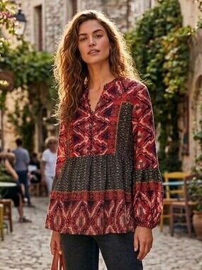 Anthropologie Konrad & Joseph Women's Boho Tribal Red Peasant Silky Blouse Top M